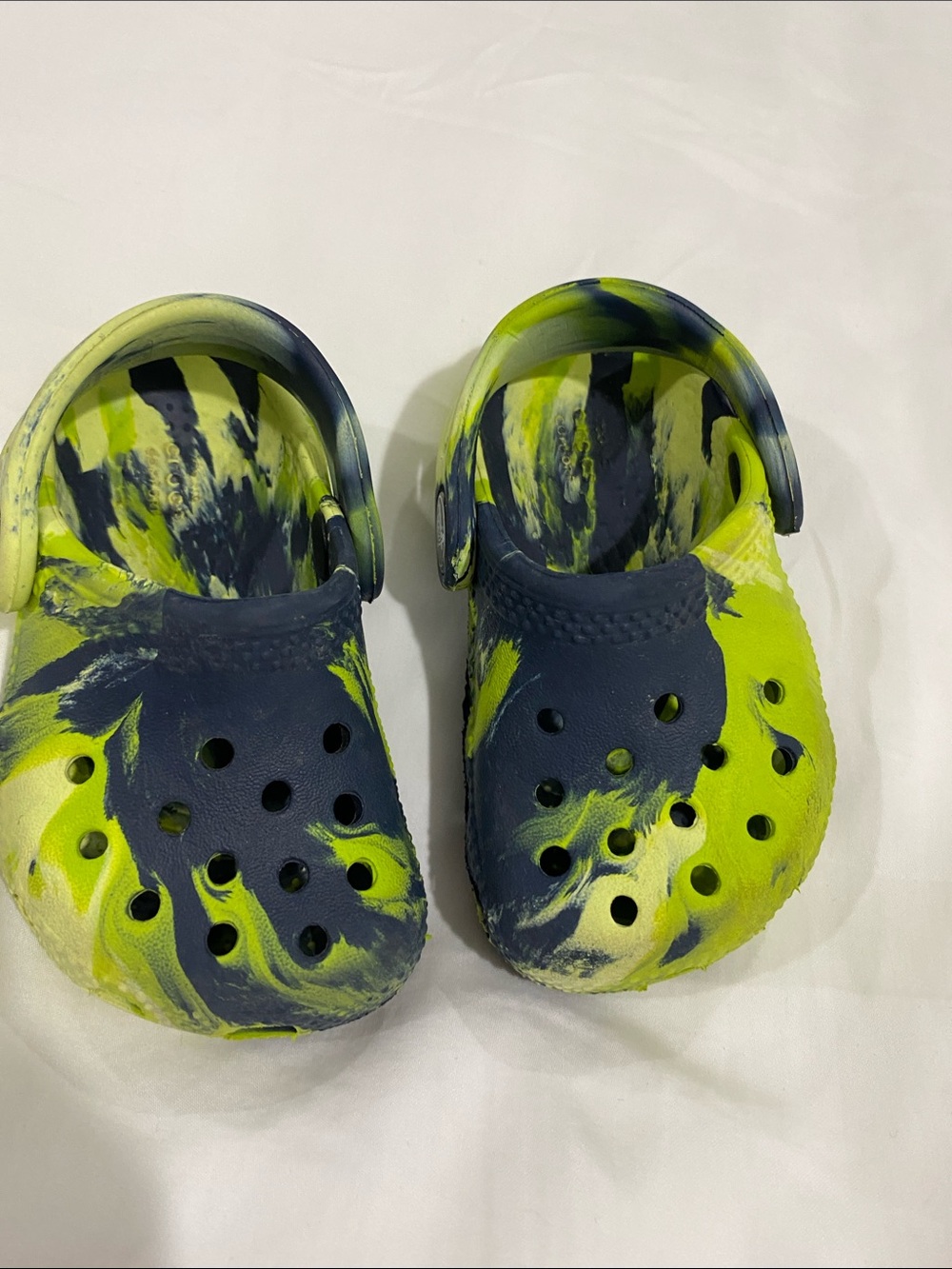 Baby Size 4 Neon Yellow/Green & Navy Tie Dye Crocs